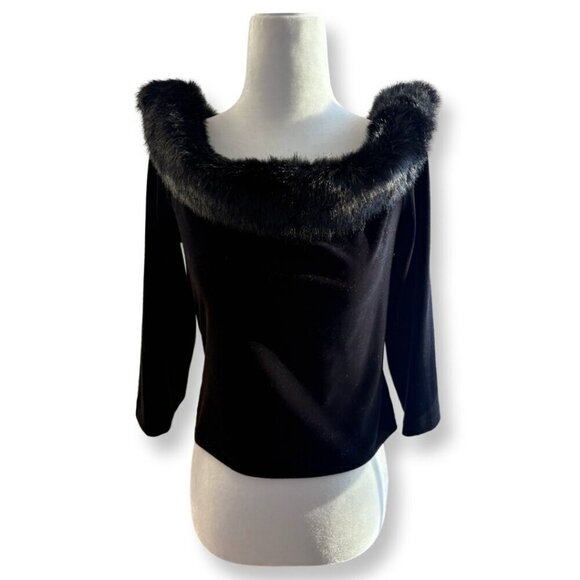 Vintage Patra Off The Shoulder Faux Fur Trim Stretch Velvet Top Size 10 - Picture 2 of 13